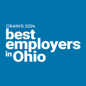 Blue background with white text: best employers in Ohio